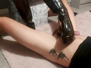 Hard Cbt Trampling in Shiny Thick_Heeled Boots! With Boot_Fucking Cumshot! HARD_STOMPING!!