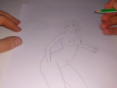 A sketch of a big-boobed girl with a simple pencil