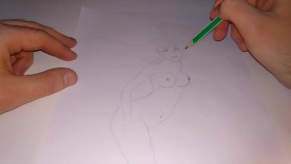 Um esboço de uma garota de peitos grandes com um lápis simples