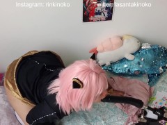 Girl in Anya Forger cosplay playing with a fuck machine