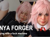Girl in Anya Forger cosplay playing with a fuck machine