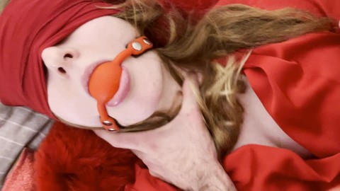 POV hard fuck with blindfolded, tied up, ballgagged redhead slut in red lingerie