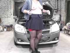 Nude auto service. Naked Milf in car repair shop repairs client car Without panties no bra Stockings