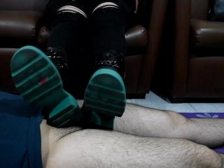 BBW Stepmother makes stepson cums only with the weight of her heavy combat boots using him as carpet