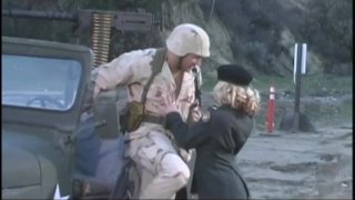 Starving soldier fucks busty well shaped blonde on the special vehicle