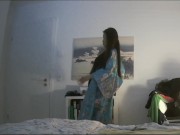Preview 2 of Japanese Wife doing Sexy Striptease Danse in Blue Kimono and Blowjob Handjob