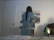 Preview 3 of Japanese Wife doing Sexy Striptease Danse in Blue Kimono and Blowjob Handjob