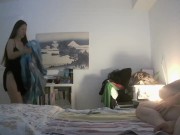 Preview 6 of Japanese Wife doing Sexy Striptease Danse in Blue Kimono and Blowjob Handjob