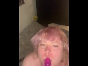 Preview 6 of Young slut boy with pink hair sucks rubber cock and teases hole