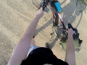 Preview 2 of Naked and horny in public POV - Riding nude in nature, shaved body, masturbation until cumshot