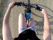 Preview 3 of Naked and horny in public POV - Riding nude in nature, shaved body, masturbation until cumshot