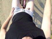 Preview 4 of Naked and horny in public POV - Riding nude in nature, shaved body, masturbation until cumshot