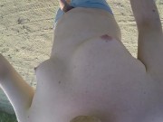 Preview 6 of Naked and horny in public POV - Riding nude in nature, shaved body, masturbation until cumshot