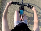 Naked and horny in public POV - Riding nude in nature, shaved body, masturbation until cumshot