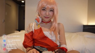 Japanese cosplayer gives a guy a handjob.