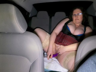 Thick MILF School Girl Thigh Highs in Car Backseat with Dildo