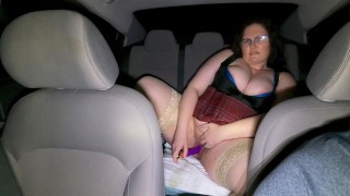 Thick MILF School Girl Thigh Highs in Car Backseat with Dildo