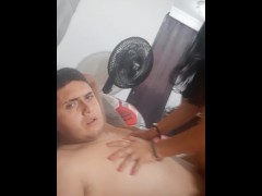 I suck my step nephew's cock and then ride on top of him.