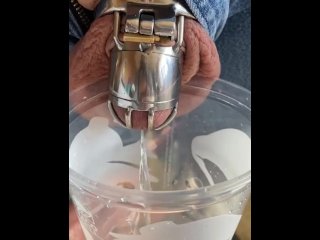 fetish, pissing, vertical video, chastity cage
