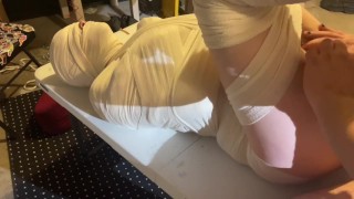 Trans twink mummified, cums repeatedly