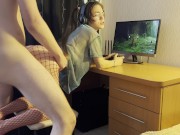 Preview 2 of Schoolgirl with ponytails fucks and plays a video game