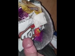 waste bin, solo male, hairy, twitching cock