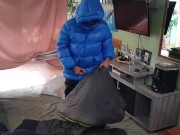 Handjob and cumshot in the sleepingbag