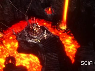 A horny hottie gets fucked by a male alien in the fire cave