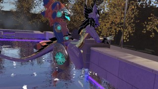 By The Pool A Futa Protogen Fights A Cuddly Dragon