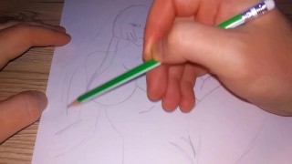 Linda garota asiática com formas legais, desenho com um lápis simples