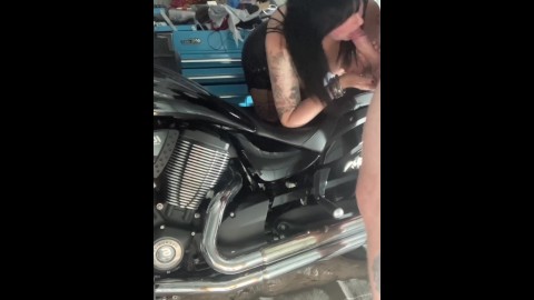 Biker mommy gets fucked and eats cum in the bike shed
