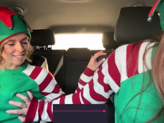 Nadia Foxx & Serenity Cox as Horny Elves cumming in drive thru with remote controlled vibrators / 4K