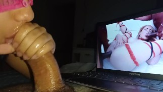 he can't stand being sucked and seeing that hottie taking 2 dicks in porn he cum in my mouth🍌🥛💦🍑