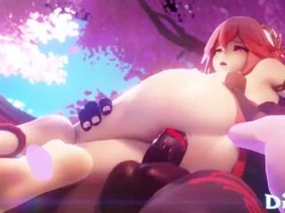 Yae Miko rides on top and gets pounded hard by a big Mitachurl - 3D Genshin impact Girls Churled HD