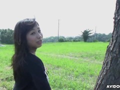 Japanese brunette Karin Asahi lets a stranger fingerfuck her hairy pussy on the street uncensored.