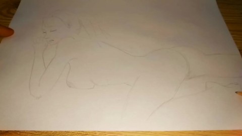 A simple pencil sketch of a naked girl lying on the bed