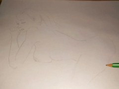 A simple pencil sketch of a naked girl lying on the bed