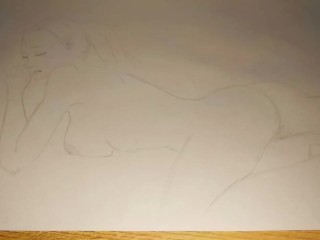 Um Simples Esboço Lápis De Uma Garota Nua Deitada Na Cama