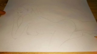 Un simple dibujo a lápiz de una chica desnuda acostada en la cama