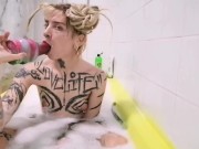 Preview 4 of Sloppy slut takes huge doorstop toy in her mouth and goons drooling bathtub alt wet huge toy gagging