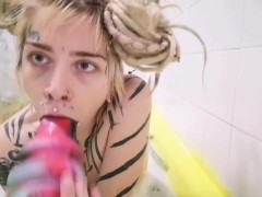 Sloppy slut takes huge doorstop toy in her mouth and goons drooling bathtub alt wet huge toy gagging