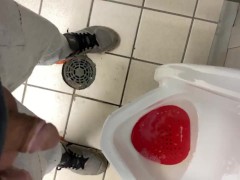 Running to gas station restroom desperate pissed in urinal and on floor moaning relief