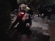 Preview 6 of Slut in transparent clothing ball gag and LED dog collar caught in public