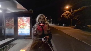Slut in transparent clothing ball gag and LED dog collar caught in public