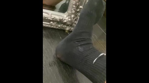 A teen guy in black socks Nike cummed a lot