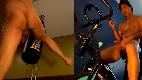 Sticky cumshot during workout. Naked kick boxing, abs, and bike ride