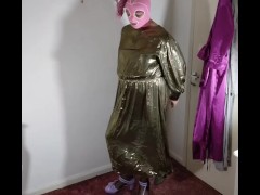 Hot tv slut in erotic gold metallic dress hooded latex