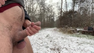 Advent calendar 24 Jerk off and cum on a public park bench in winter at Christmas