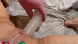 Horny milf gets licked, fucked with big toy then dvp with dildo and real cock