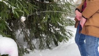 Pisciare all'aperto invernale vicino all'albero di Natale. Neve gialla. Spogliarsi a freddo. UHD 4K 60fps